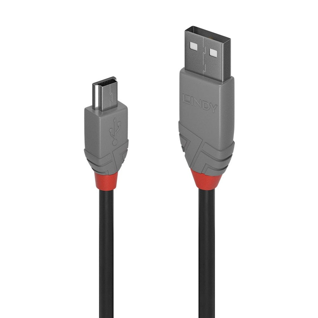 LINDY 36725 5m USB 2.0 Type A to Mini-B Cable, Anthra Line, Double shielded cable, corrosion resistant tinned copper conductors, USB 2.0, 480Mbps; 10