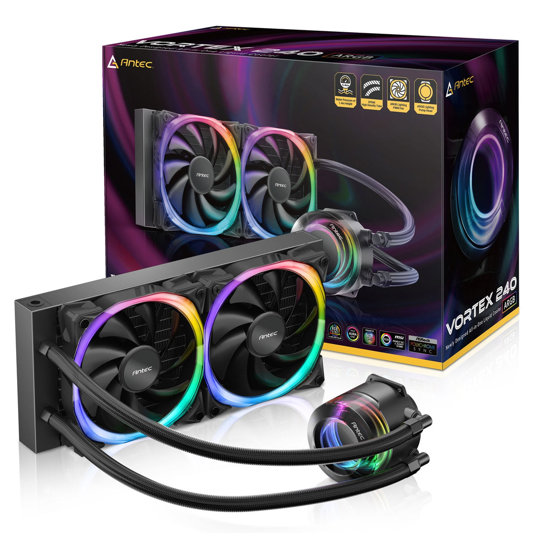 ANTEC Vortex 240 ARGB AiO Liquid CPU Cooler, Universal Socket, 240mm Radiator, PWM 2000RPM Fusion ARGB Cooling Fans, Addressable RGB LED Lighting with