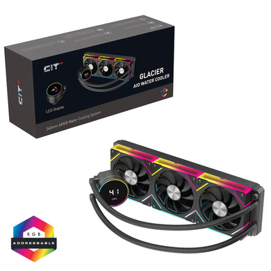 CiT Pro Glacier 360mm Black ARGB Watercooler with Temperature Display - High-Performance AIO CPU Cooling with Infinity PWM Fans & Sync Lighting.