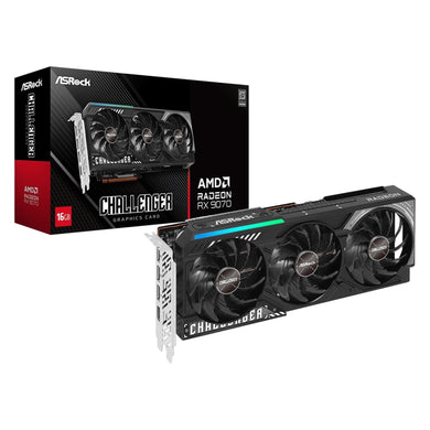 ASRock AMD Radeon RX 9070 Challenger OC Graphics Card, 16GB GDDR6, 3584 Streams, 2520 MHz Boost Clock, Triple Fan, RGB, 3x DisplayPorts / 1x HDMI Ports