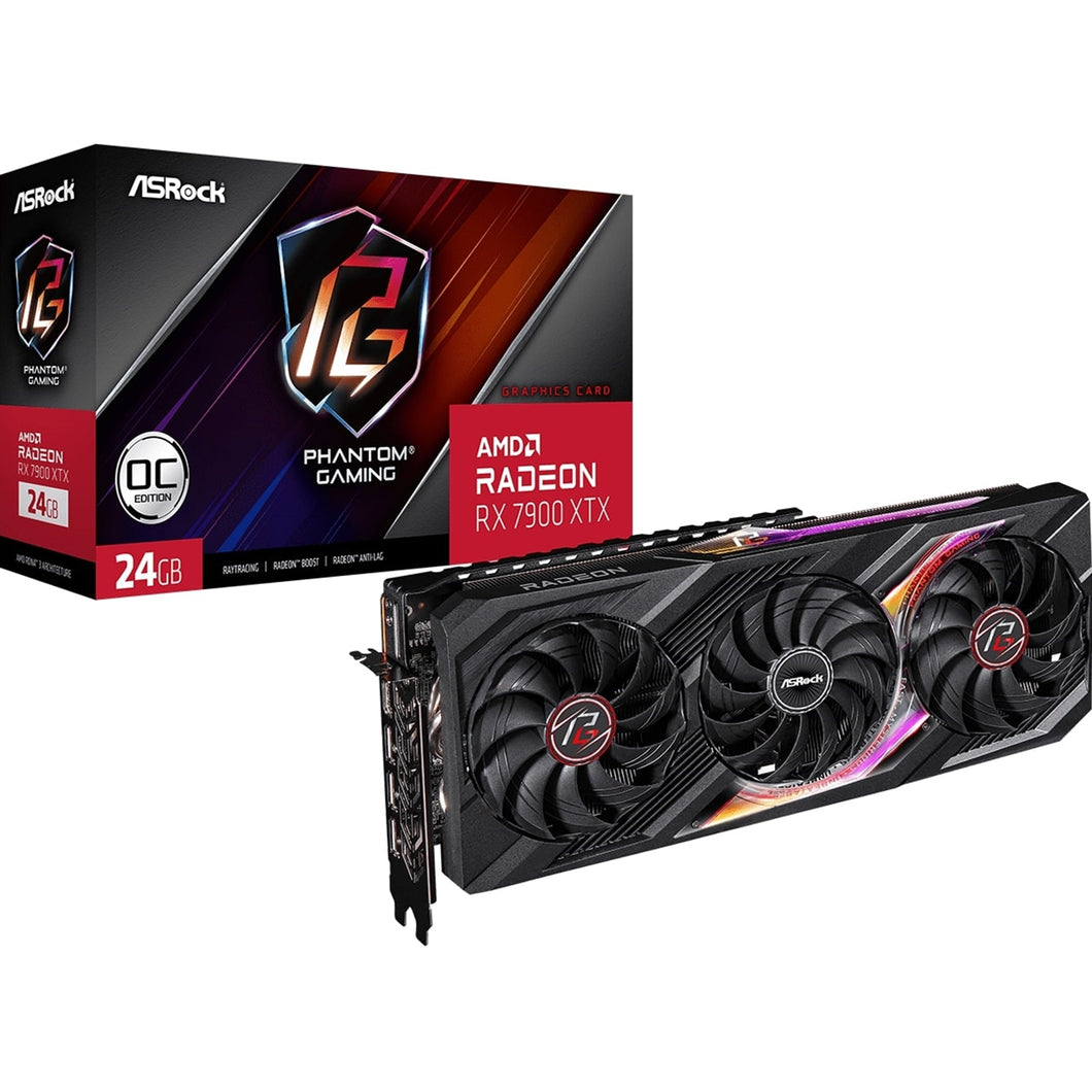 ASRock AMD Radeon RX 7900 XTX Phantom Gaming 24GB OC Graphics Card, 24GB GDDR6, 6144 Streams, 2615 MHz Boost Clock, Triple Fan, RGB, 3x DisplayPorts / 1x HDMI Port