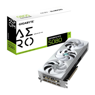 Gigabyte NVIDIA GeForce RTX 5080 AERO OC SFF 16G Graphics Card, 16GB GDDR7, 10752 CUDA Cores, 2730 MHz Core Clock, Triple Fan, White, RGB, 3x DisplayPorts / 1x HDMI Port