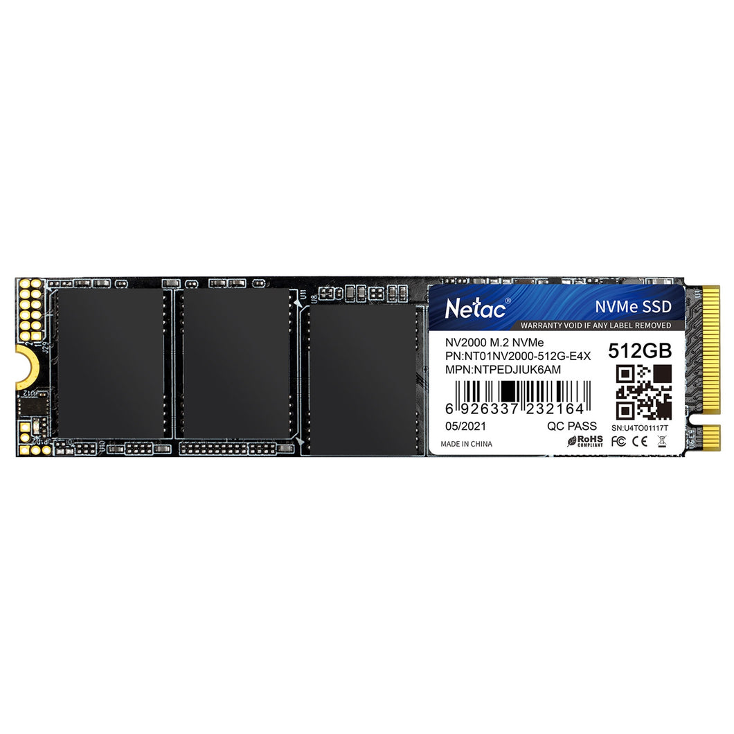 NETAC NV2000 (NT01NV2000-512-E4X) 512GB NVMe SSD, M.2 Interface, PCIe Gen3, 2280, Read 2500MB/s, Write 1900MB/s, 5 Year Warranty