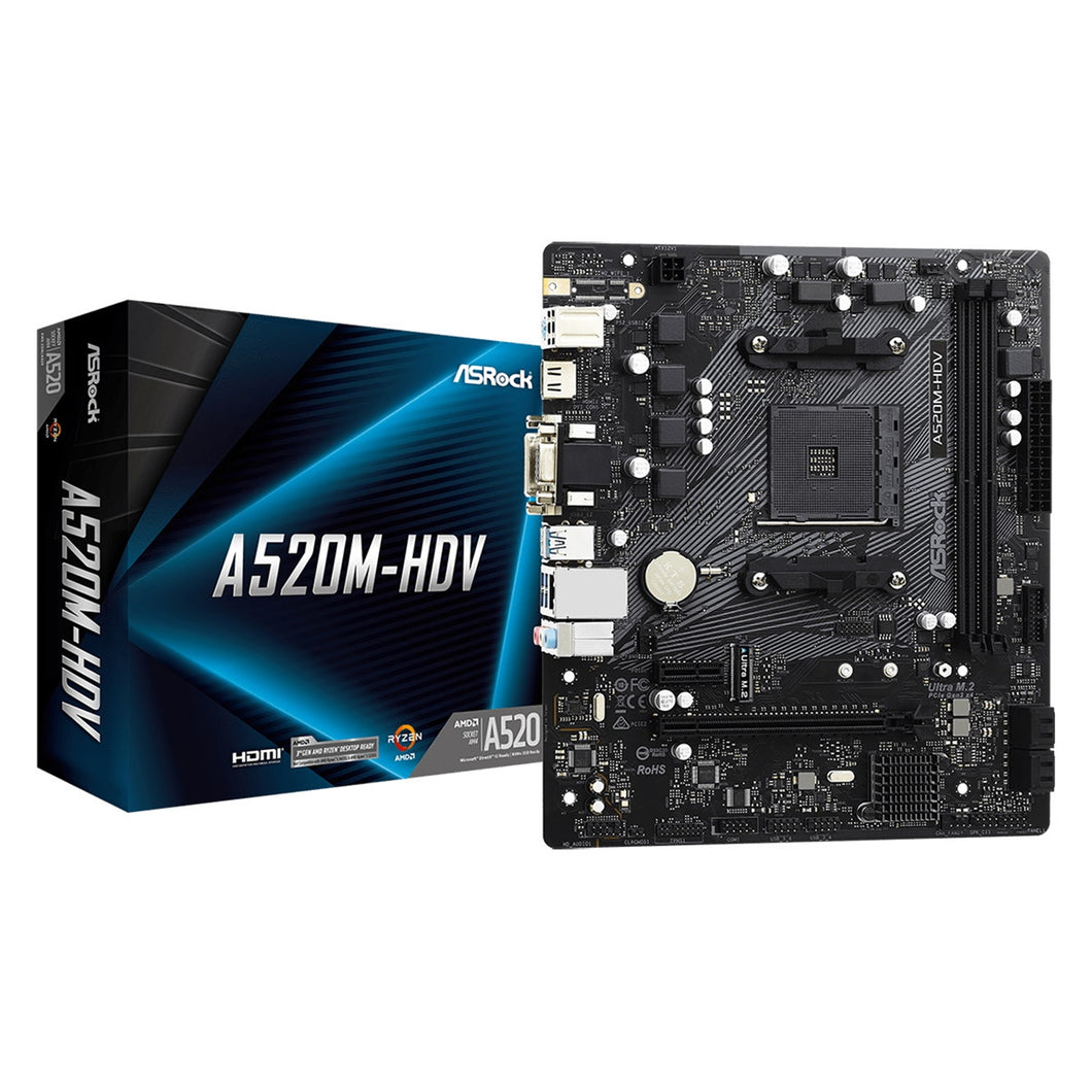 ASRock A520M-HDV Super Alloy AMD AM4 Socket Motherboard, Micro-ATX, 2x DDR4 Slots, 1x M.2 Socket, GbE LAN, 1x D-Sub / 1x DisplayPort / 1x HDMI Port