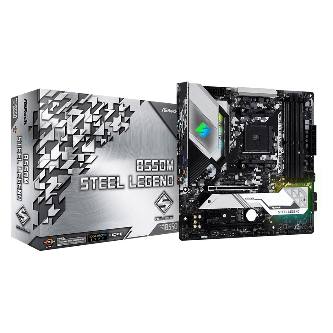 ASRock B550M Steel Legend AMD AM4 Socket Motherboard, Micro-ATX, 4x DDR4 Slots, 2x M.2 Sockets, Fitted I/O Shield, 2.5GbE LAN, 1x DisplayPort / 1x HDM