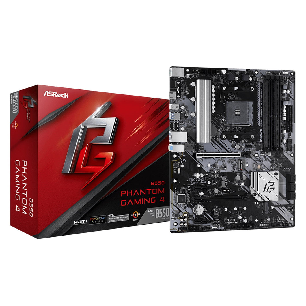 ASRock B550 Phantom Gaming 4 Super Alloy AMD AM4 Socket Motherboard, ATX, 4x DDR4 Slots, 3x M.2 Sockets, GbE LAN, 1x HDMI Port