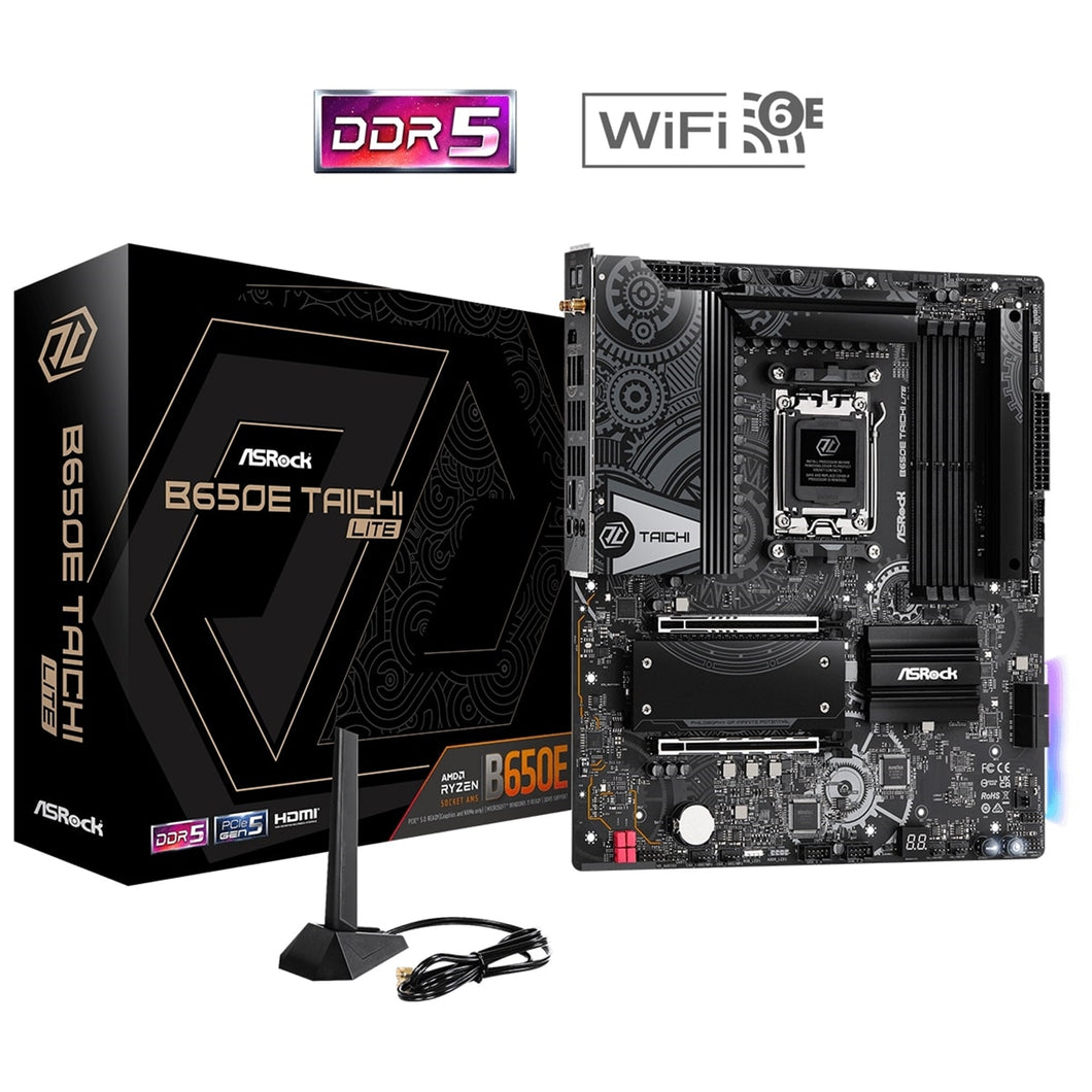 ASRock B650E Taichi Lite AMD AM5 Socket Motherboard, E-ATX, 4x DDR5 Slots, 4x M.2 Sockets, 2x USB-C Port, Fitted I/O Shield, 2.5GbE LAN, Wi-Fi 6E, 1x HDMI Port