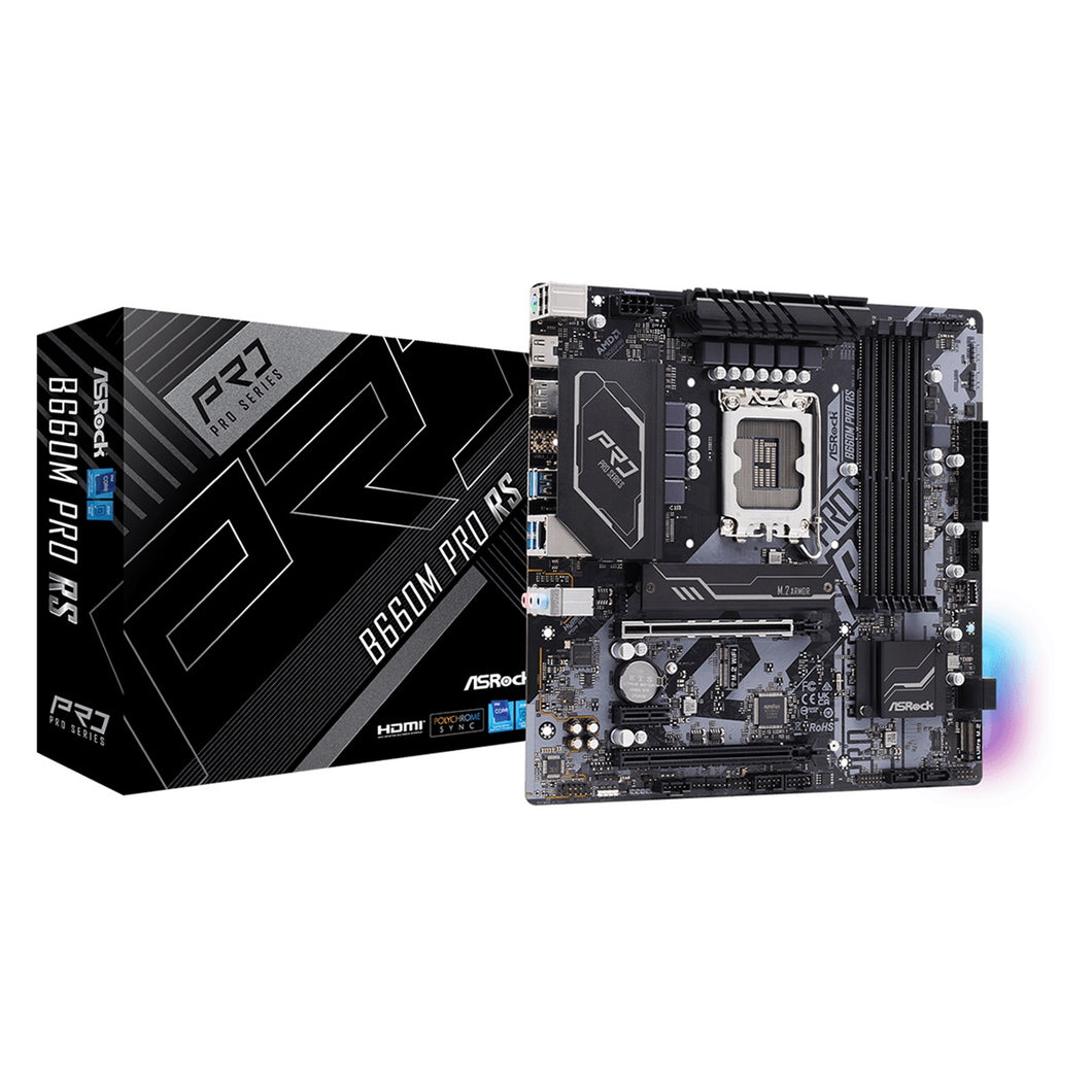 ASRock B660M Pro RS Super Alloy Intel 1700 Socket Motherboard, Micro-ATX, 4x DDR4 Slots, 3x M.2 Sockets, 1x USB-C Port, GbE LAN, 1x DisplayPort / 1x HDMI Port