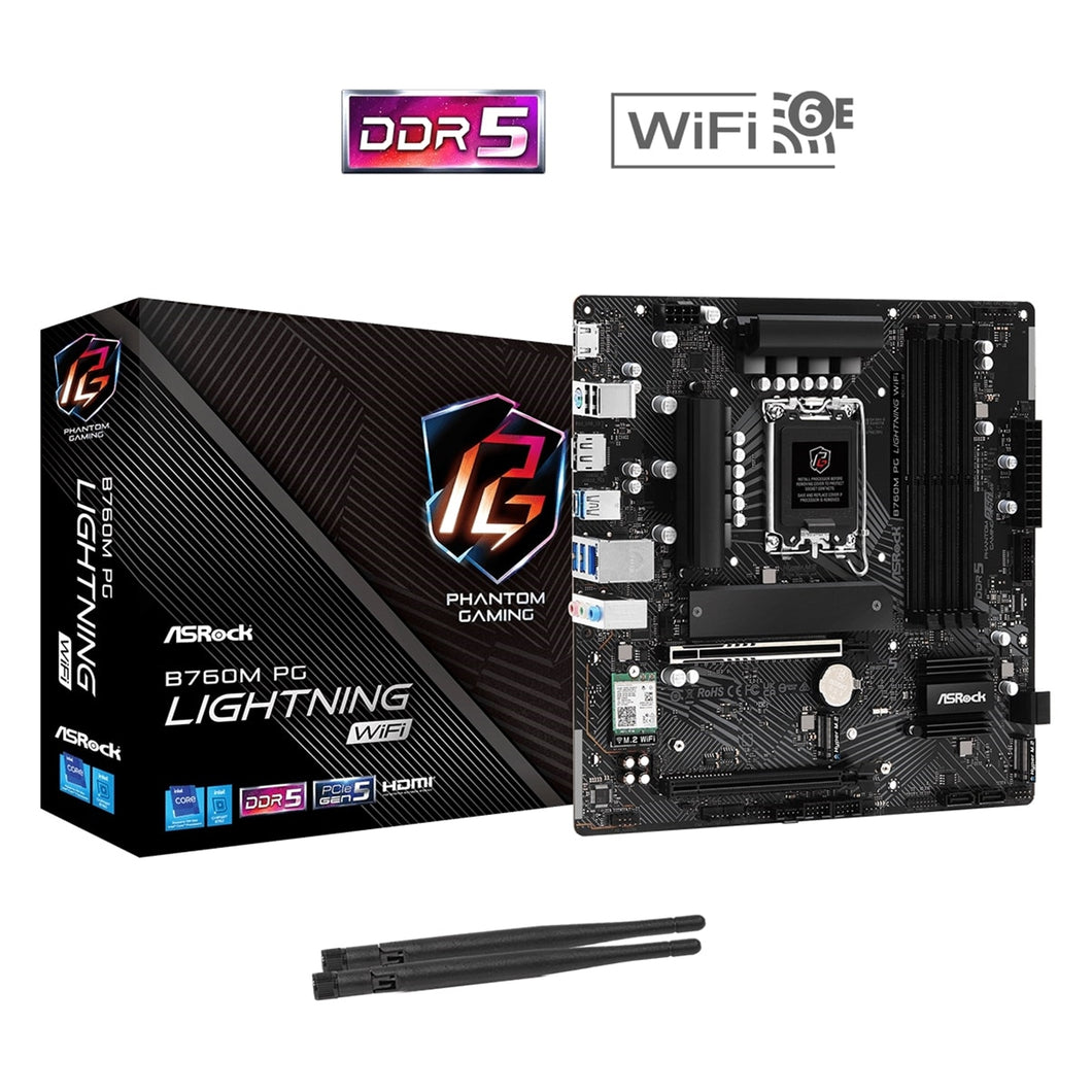 ASRock B760M PG Lightning WiFi Intel 1700 Socket Motherboard, Micro-ATX, 4x DDR5 Slots, 4x M.2 Sockets, 1x USB-C Port, 2.5GbE LAN, Wi-Fi 6E, 1x DisplayPort / 1x HDMI Port