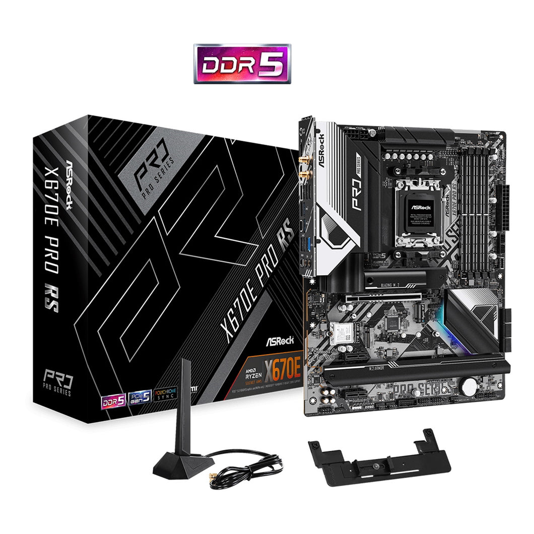 ASRock X670E Pro RS AMD AM5 Socket Motherboard, ATX, 4x DDR5 Slots, 5x M.2 Sockets, 2x USB-C Port, Fitted I/O Shield, 2.5GbE LAN, Wi-Fi 6E, 1x DisplayPort / 1x HDMI Port