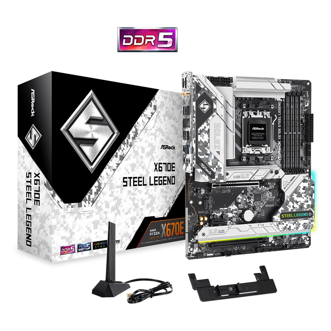 ASRock X670E Steel Legend AMD AM5 Socket Motherboard, ATX, 4x DDR5 Slots, 4x M.2 Sockets, 2x USB-C Port, Fitted I/O Shield, 2.5GbE LAN, Wi-Fi 6E, 1x D