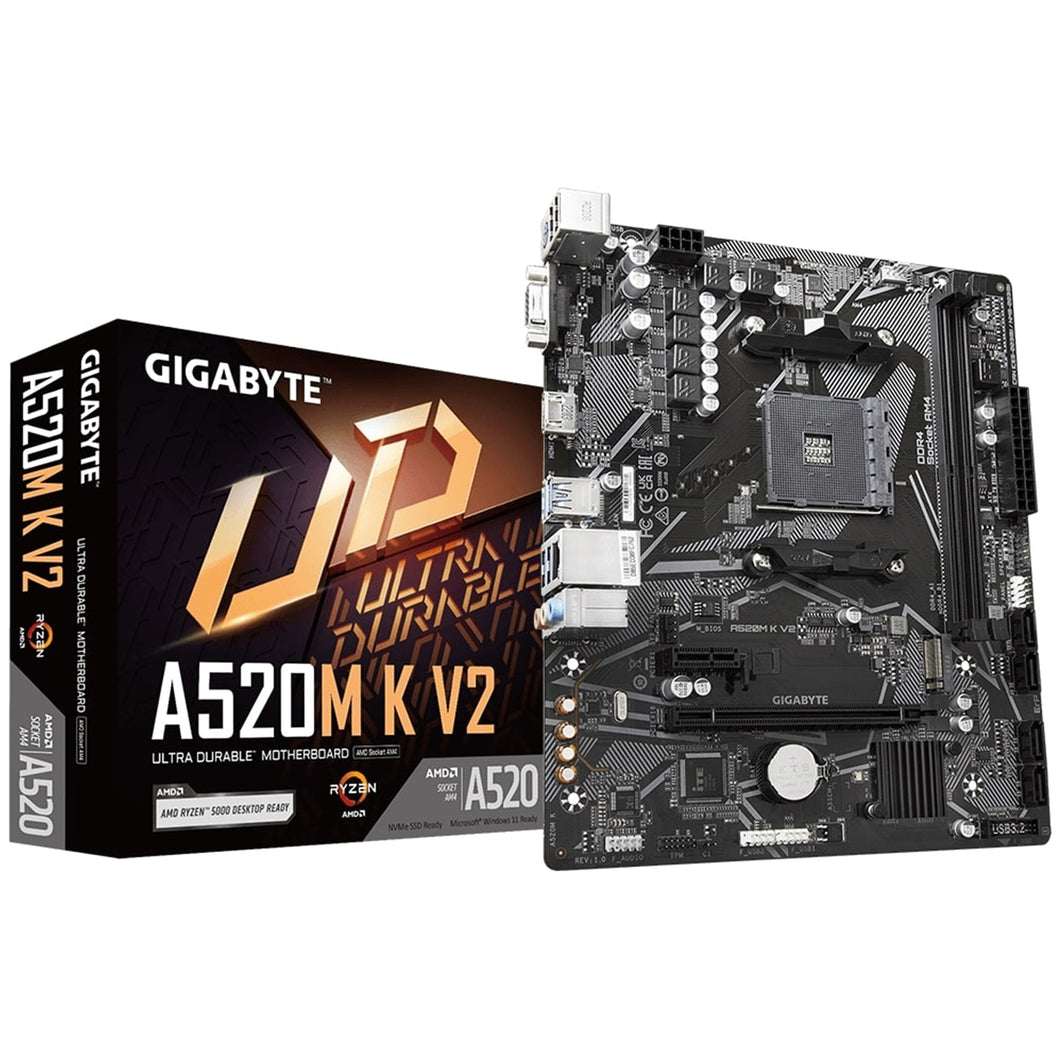 Gigabyte A520M K V2 Ultra Durable AMD AM4 Socket Motherboard, Micro-ATX, 2x DDR4 Slots, 1x M.2 Socket, GbE LAN, 1x D-Sub / 1x HDMI Port