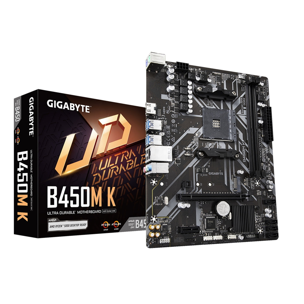 Gigabyte B450M K Ultra Durable AMD AM4 Socket Motherboard, Micro-ATX, 2x DDR4 Slots, 1x M.2 Socket, GbE LAN, 1x HDMI Port