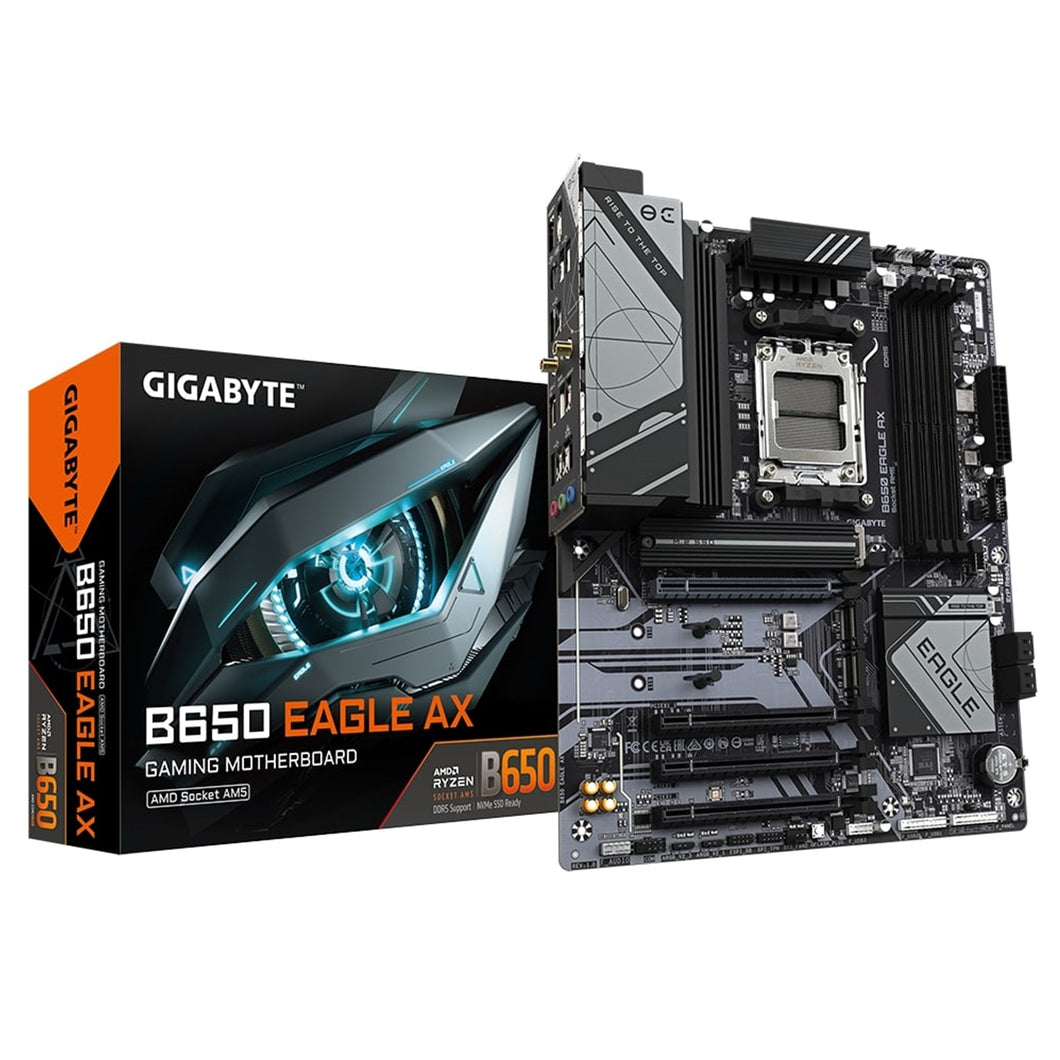 Gigabyte B650 EAGLE AX AMD AM5 Socket Motherboard, ATX, 4x DDR5 Slots, 3x M.2 Sockets, 1x USB-C Port, Fitted I/O Shield, GbE LAN, Wi-Fi 6E, 1x Display