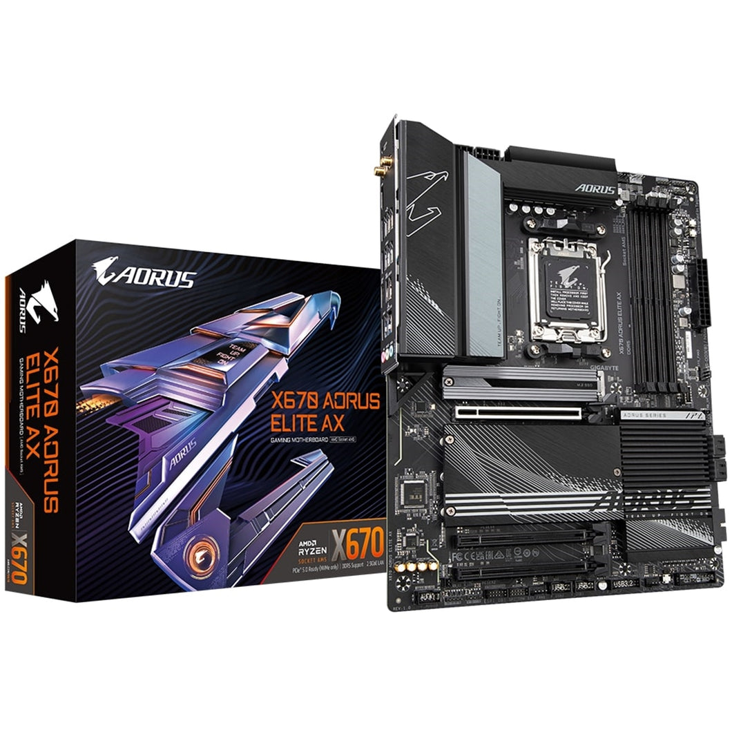 Gigabyte X670 AORUS ELITE AX AMD AM5 Socket Motherboard, ATX, 4x DDR5 Slots, 4x M.2 Sockets, 2x USB-C Port, Fitted I/O Shield, 2.5GbE LAN, Wi-Fi 6E, 1x HDMI Port