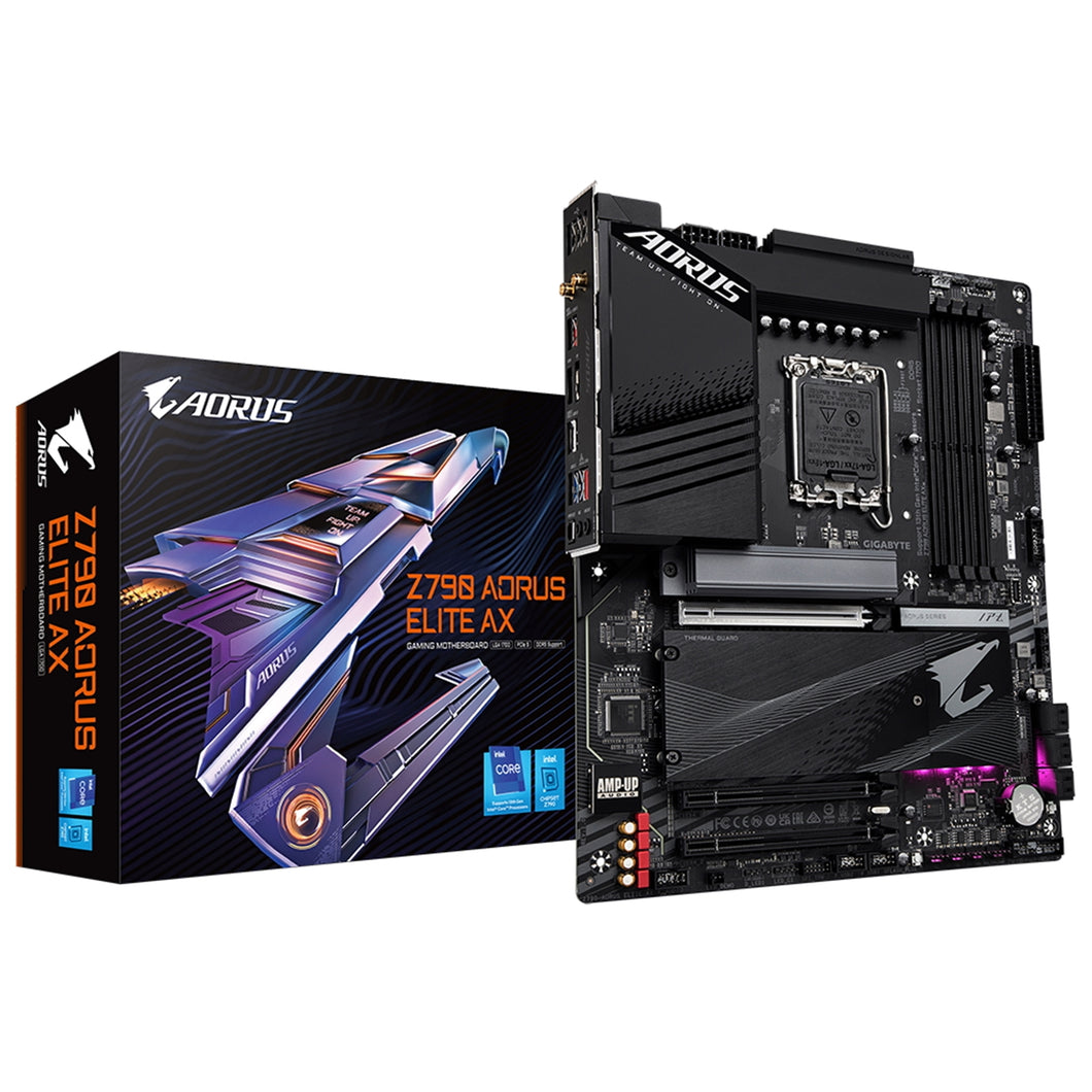 Gigabyte Z790 AORUS ELITE AX Intel 1700 Socket Motherboard, ATX, 4x DDR5 Slots, 4x M.2 Sockets, 2x USB-C Port, Fitted I/O Shield, 2.5GbE LAN, Wi-Fi 6E, 1x DisplayPort / 1x HDMI Port