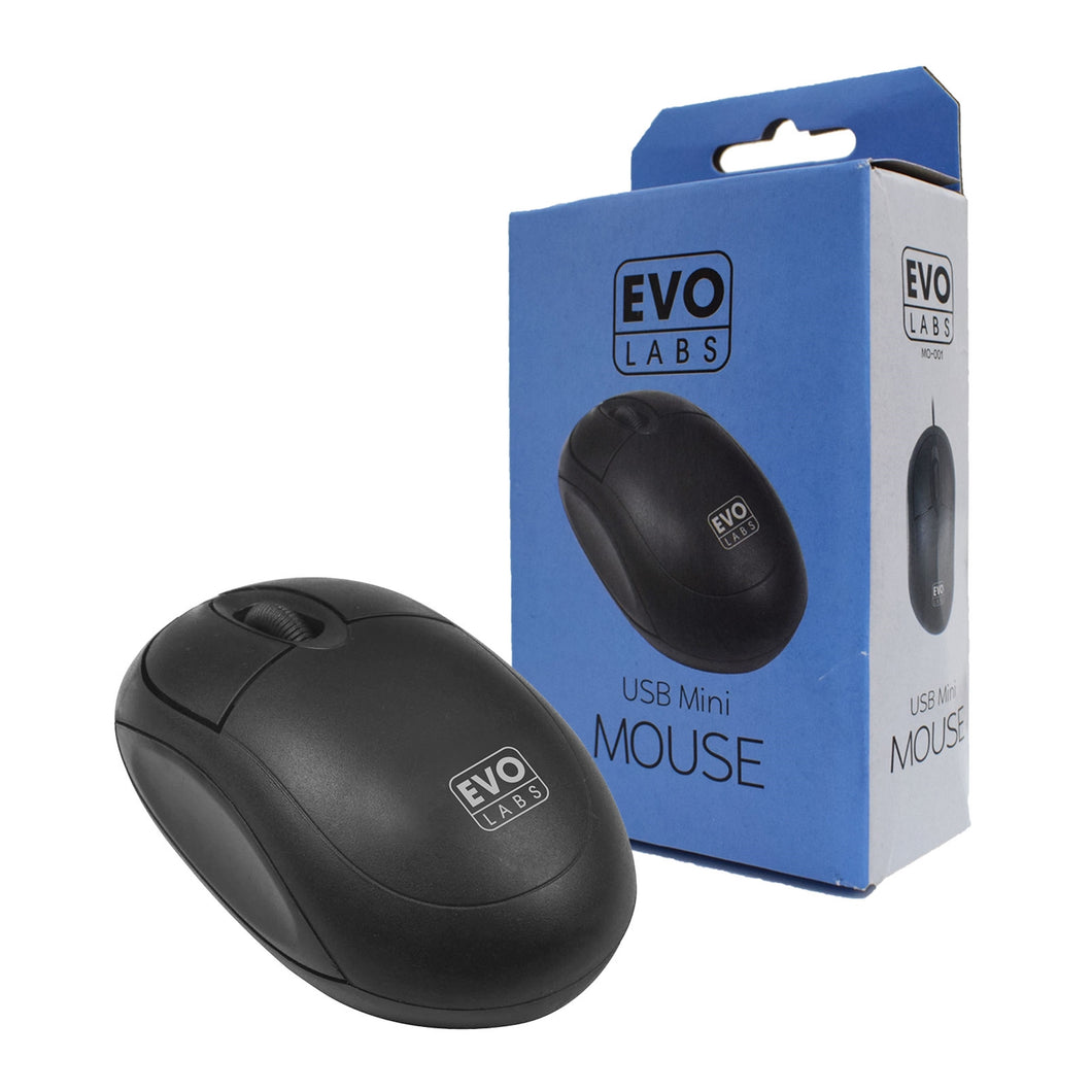 Evo Labs MO-001 Wired USB Mini Plug and Play Mouse, 800 DPI Optical Tracking, 3 Button with Scroll Wheel,  Ambidextrous Design for PC / Mac / Laptop,