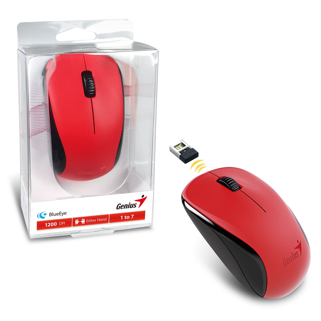 Genius NX-7000 Wireless Mouse, 2.4 GHz with USB Pico Receiver, Adjustable DPI levels up to 1200 DPI, 3 Button with Scroll Wheel, Ambidextrous Design, Red