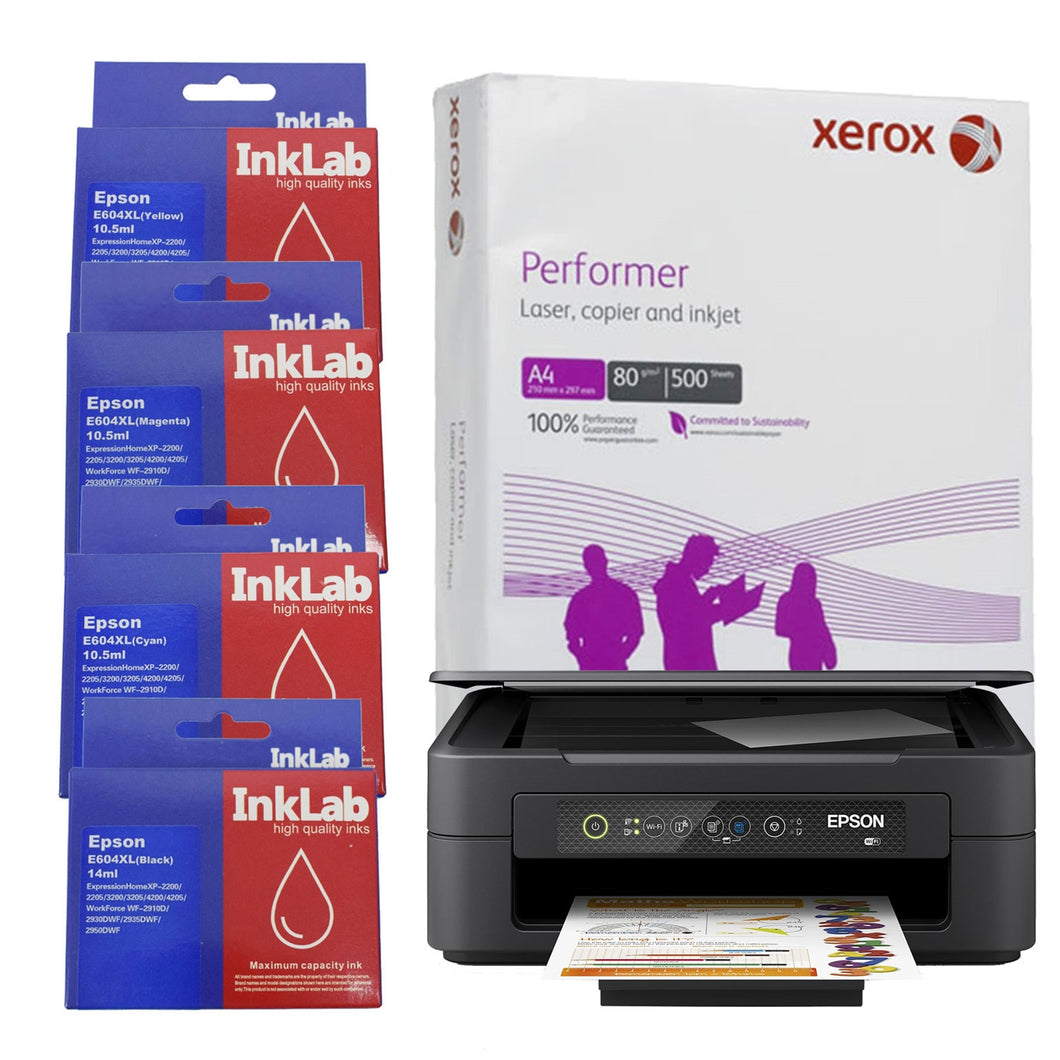 Epson Expression Home XP-2200 C11CK67401 Inkjet Printer, Colour, Wireless, All-in-One, InkLab 604 Epson Compatible Replacement Ink (1 of Yellow, Magenta, Cyan and Black), Single Ream of Xerox Performer A4 80GSM Office Paper