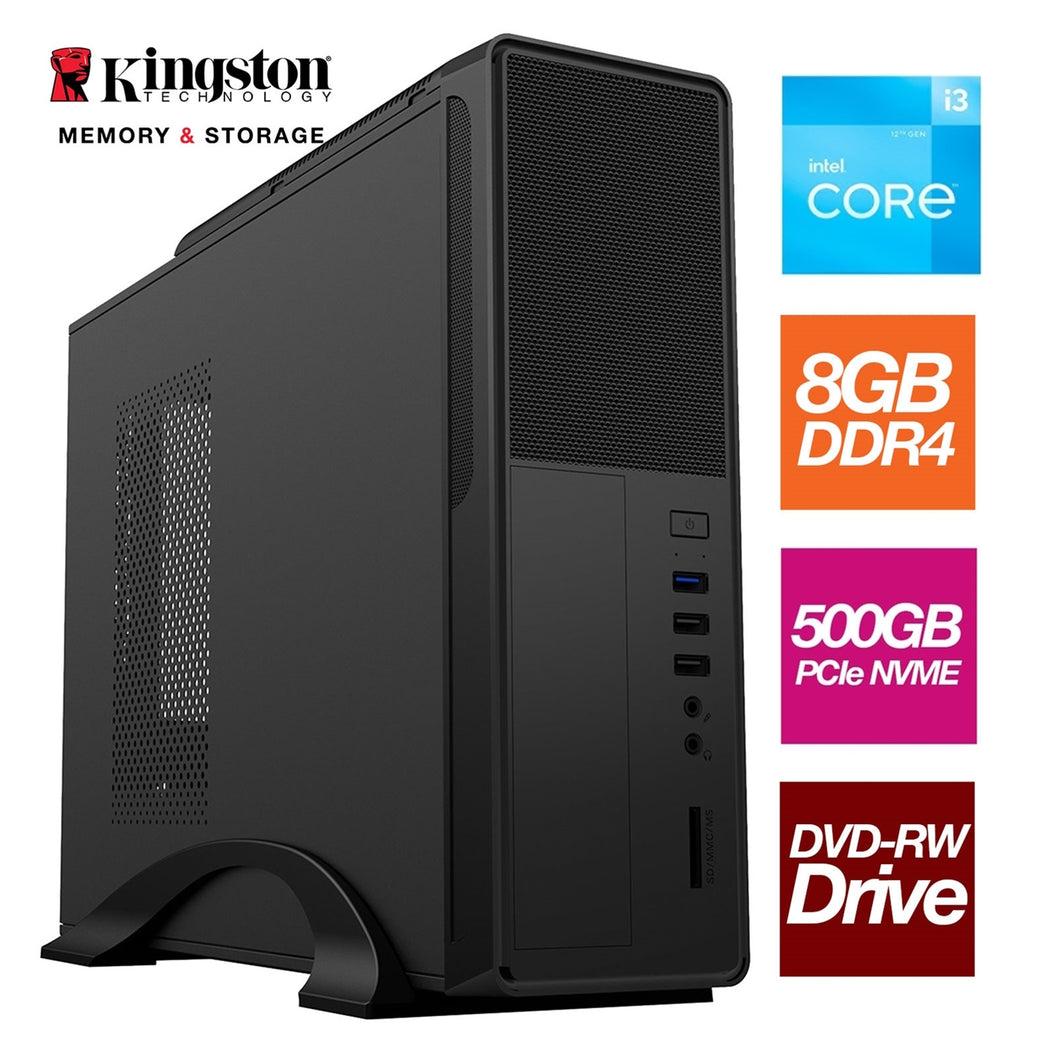 Small Form Factor - Intel i3 12100 4 Core 8 Thread 3.30GHz (4.30GHz Boost), 8GB Kingston RAM, 500GB Kingston NVMe M.2 - DVDRW, Wi-Fi, - Small Foot Print for Home or Office Use - Pre-Built PC